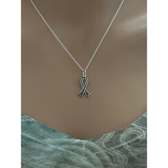 Sterling Silver Grey Awareness Ribbon Necklace - Picture 3 of 7